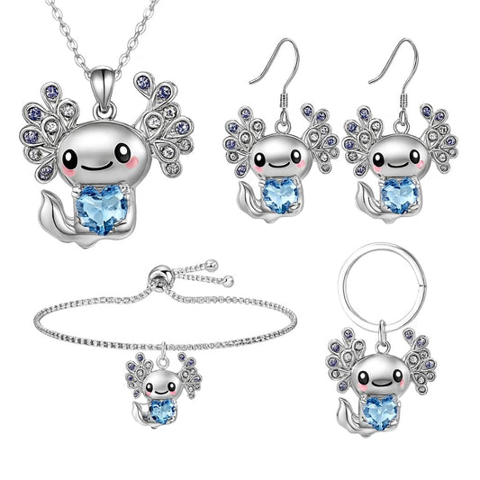 Cute Salamander Jewelry Set with Blue Crystal Heart, Silver Necklace, Earrings, Bracelet and Keychain