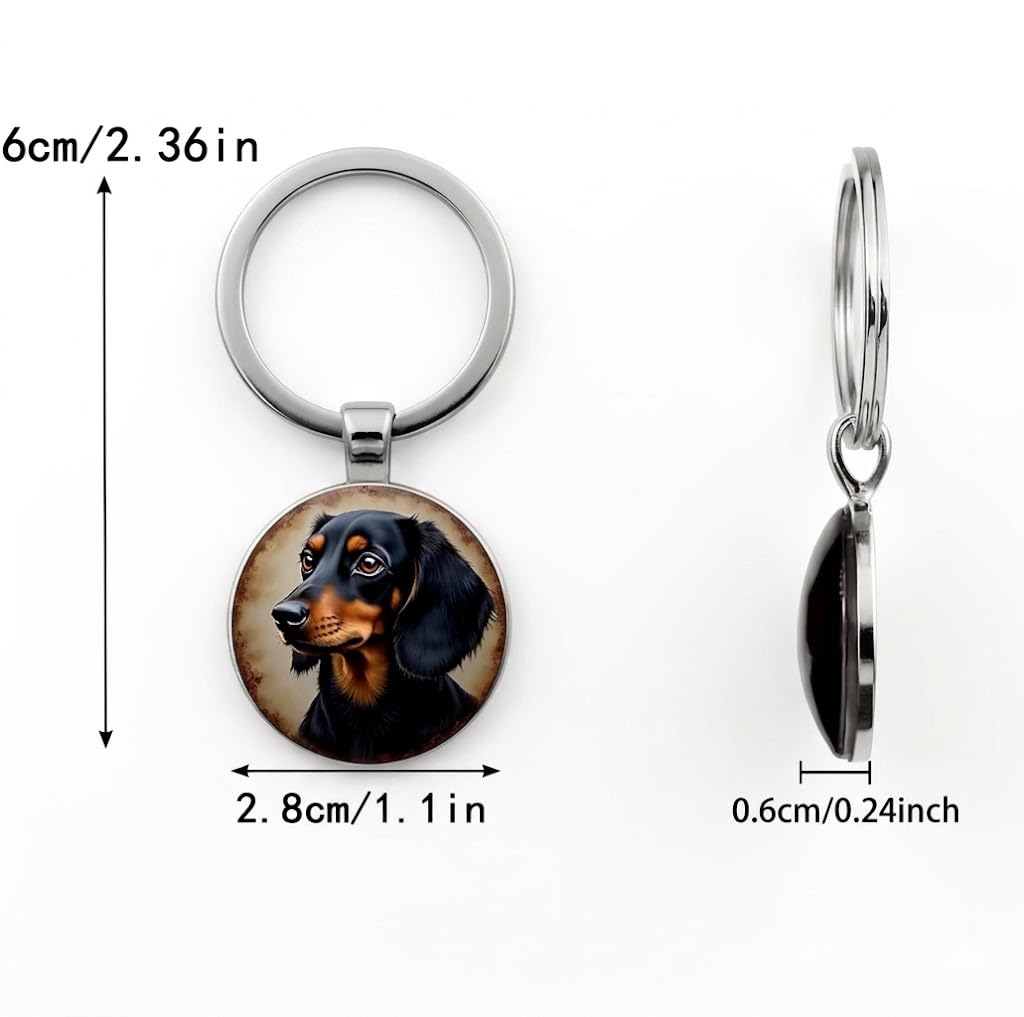 SUPAC Dog Lovers' Keychain, Different Puppy Breeds Portrait Round Glass Keychain, Silver Metal Frame, 1.06 Inch Diameter