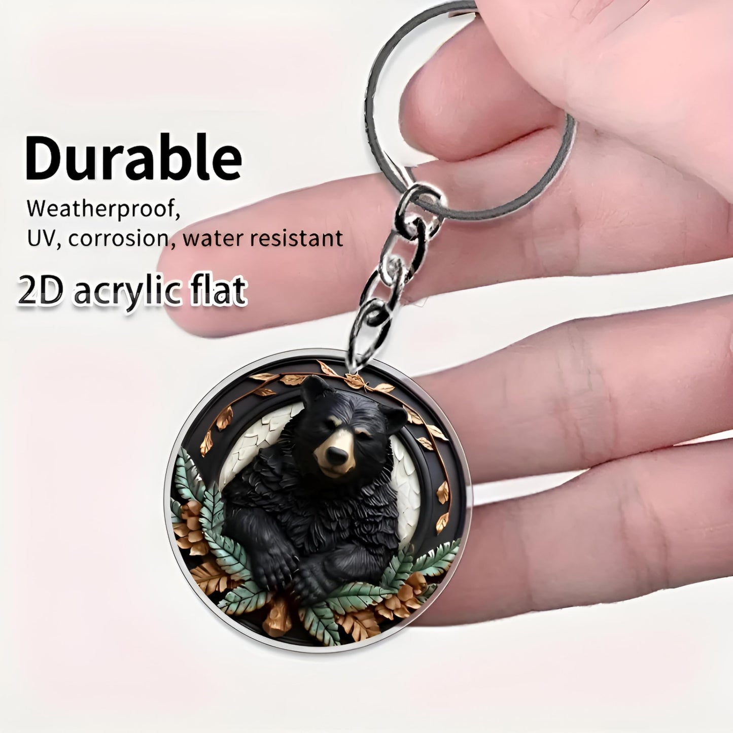 SUPAC 1pc Unique Bear With Forest Background Shaped Metal Keychain - Fashionable Circular Animal Keyring for Men and Friends