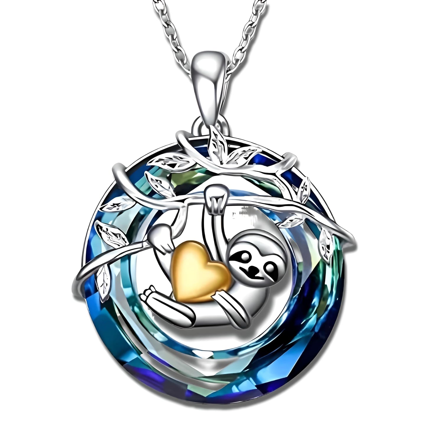 Tree of Life Swing, Sloth, Horse + Other Styles Pendant Necklace, Silver Chain, Crystal Rainbow Background - Gift for Friends