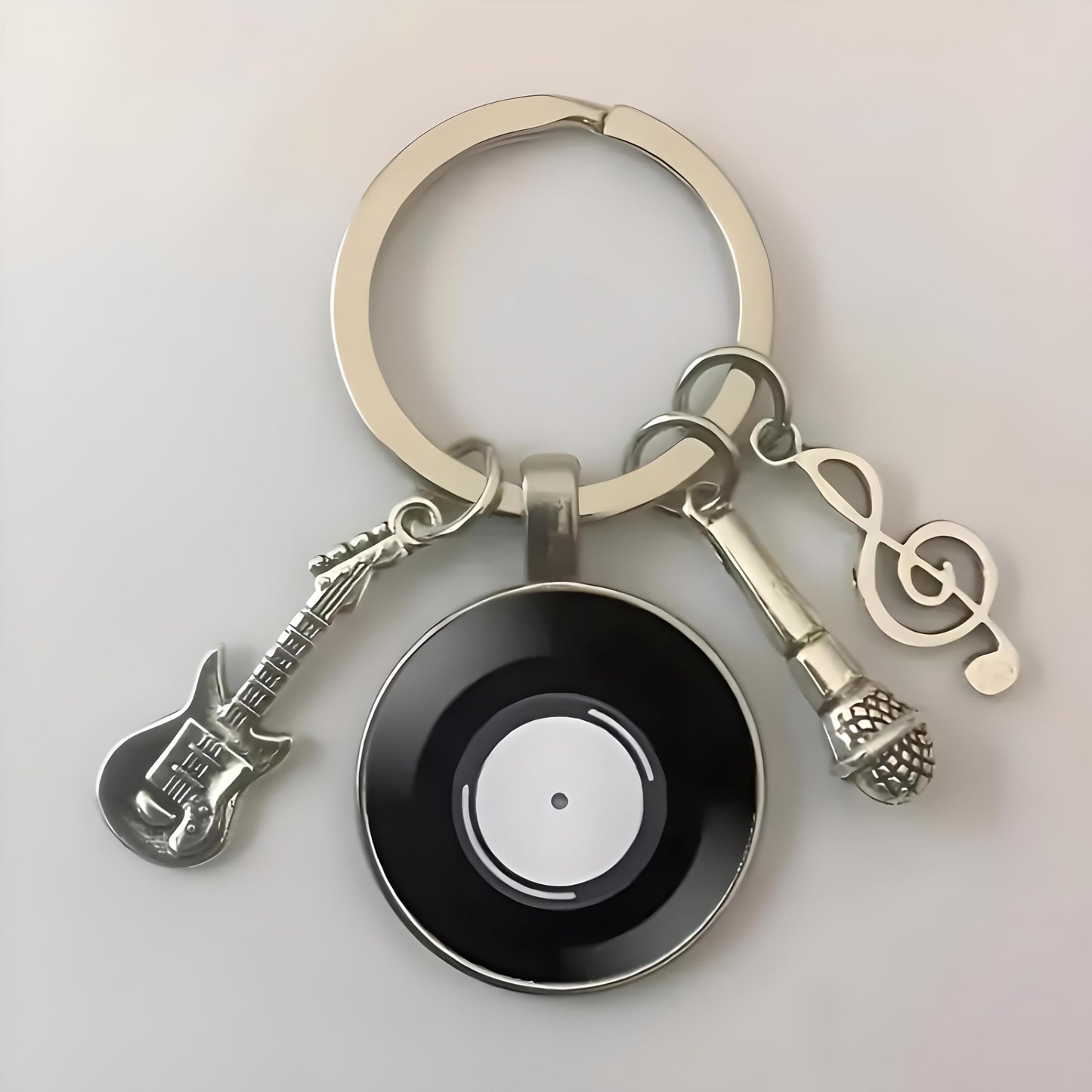SUPAC Music Lover Keychain with Vinyl Record, Guitar, Microphone and Musical Note Charms, Music Gifts, 5 Different Color Options (White Vinyl)
