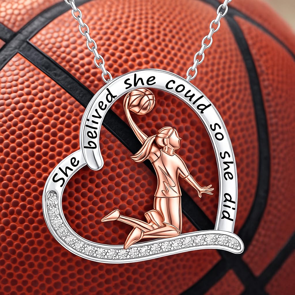 Sports Heart Necklace, 9 Different Sport Options: Basketball, Jumping Cheerleader, Gymnast, Softball, Volleyball, Ballet Ballerina, Runner, Sports Accessories Birthday Gift- Simulated Rainbow Diamonds, Christmas, Birthday or Party Gift