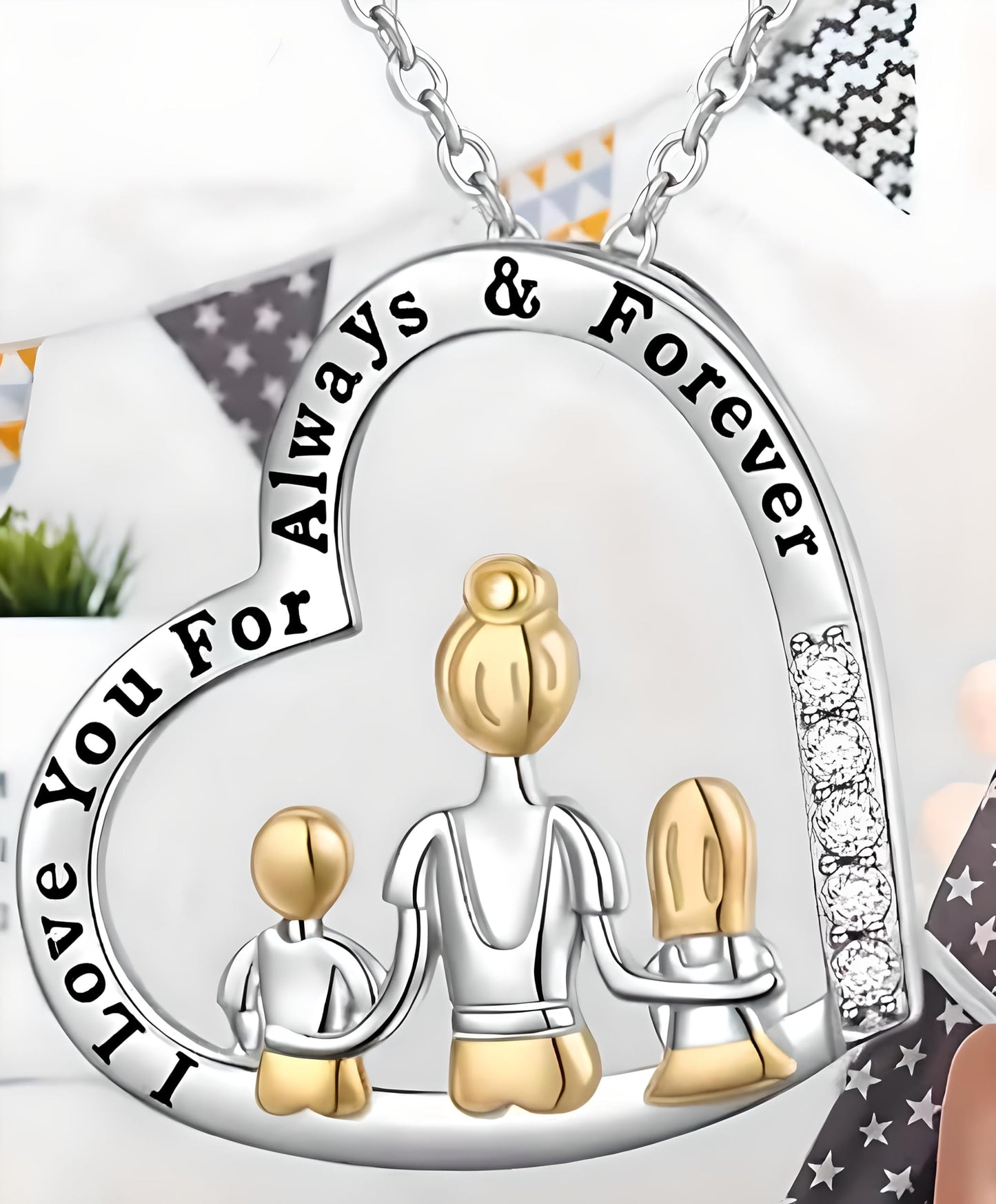 SUPAC Heart-Shaped Family Necklace with Crystal Accents, Mother and Daughter Pendant Gift, Silver and Gold-Tone, 'I Love You Always & Forever' Message
