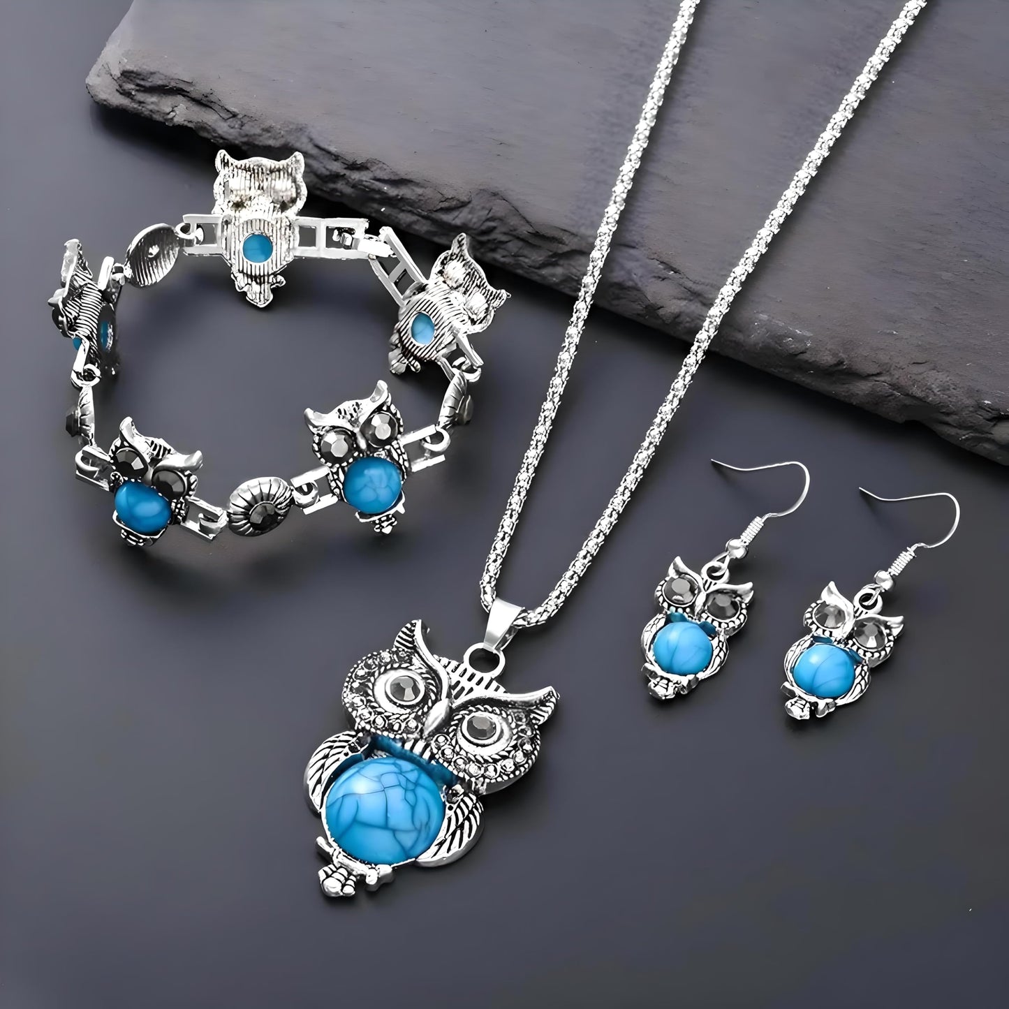 Vintage Owl Jewelry Set with Turquoise Stones, Silver-Tone Necklace, Bracelet and Earrings, 27.5 inch Chain