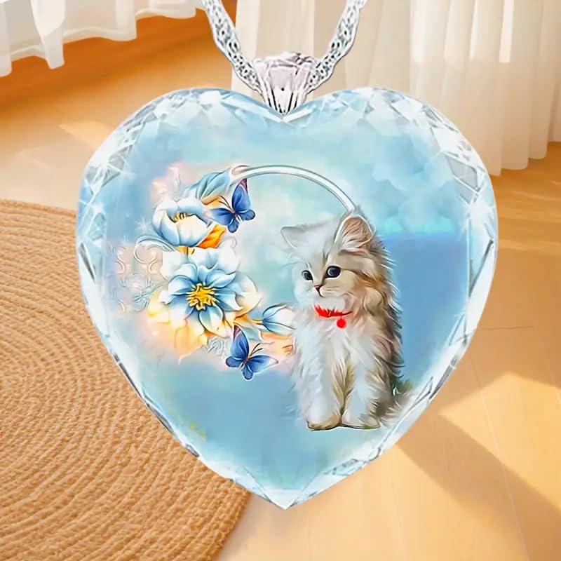 SUPAC Heart-Shaped Glass Cat Pendant Necklace with Floral and Butterfly Designs