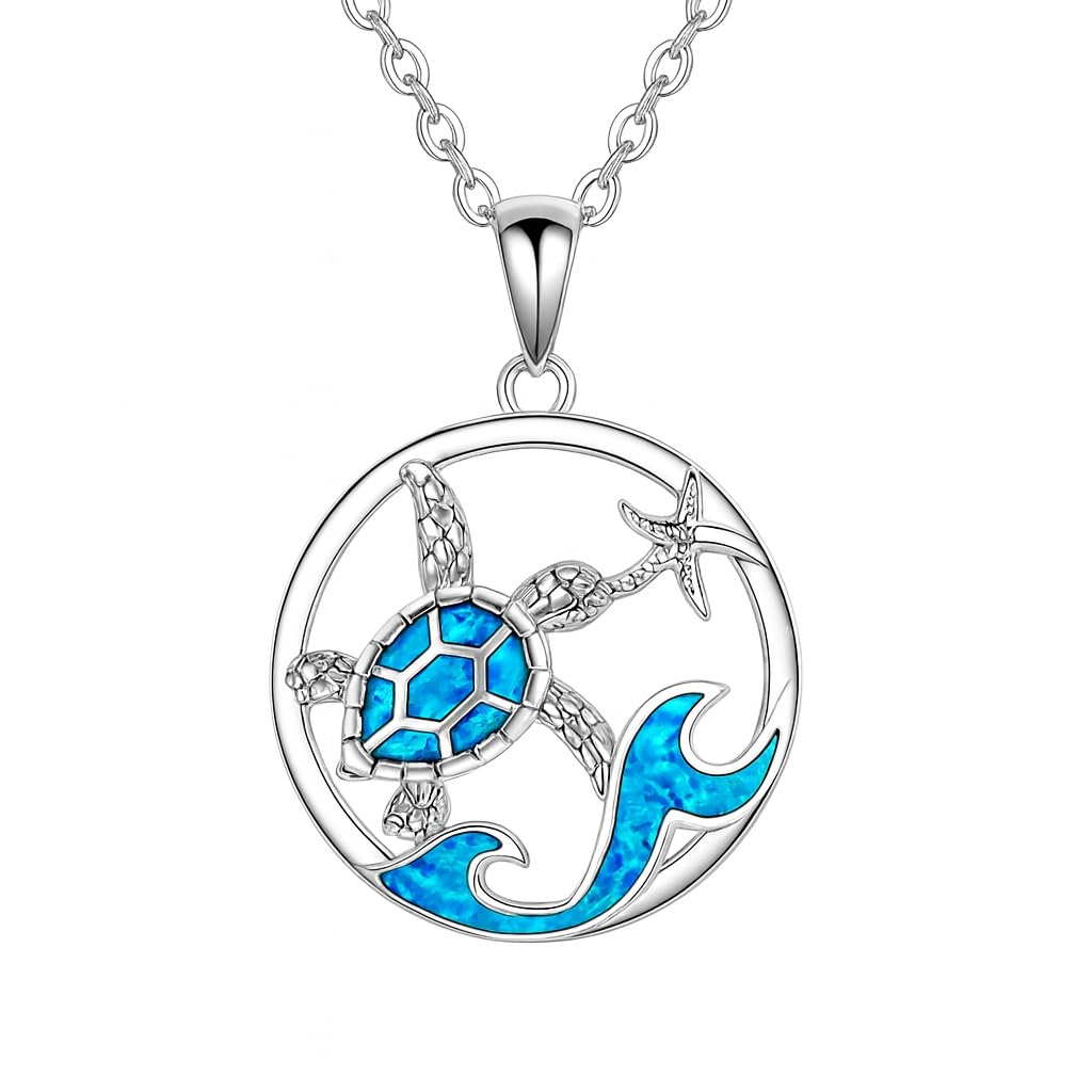 SUPAC Sea Turtle Necklace with Blue Opal, Ocean Wave Design, 0.71 inch Pendant