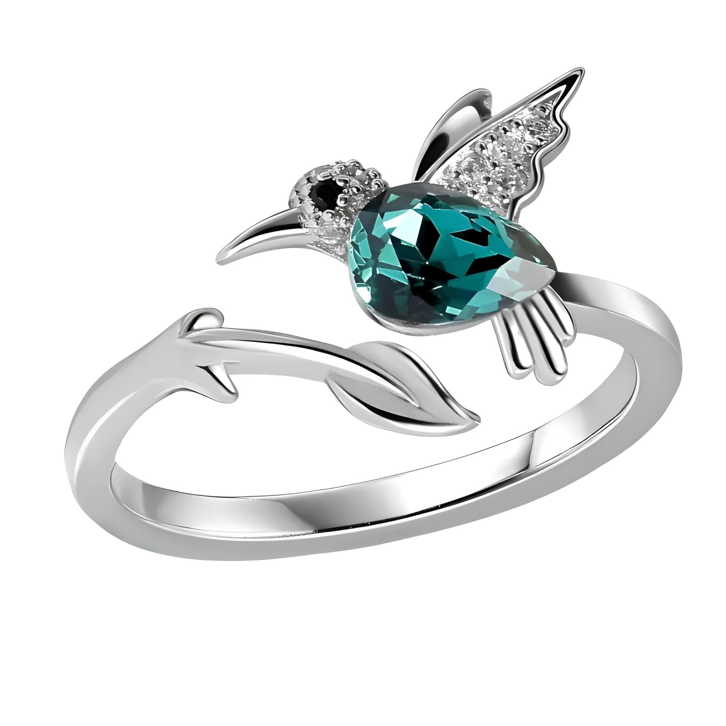 Sterling Silver Hummingbird Ring with Enamel Flowers, Adjustable, Turquoise and Purple
