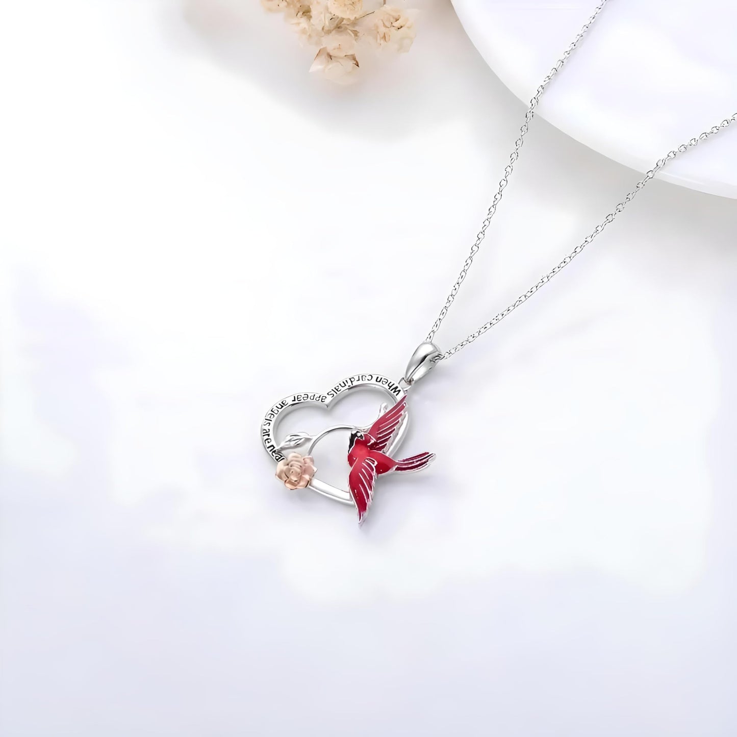 Cardinal Heart Necklace with Rose Pendant, Sterling Silver Chain, 17.6 inches - Cardinal Jewelry Gift