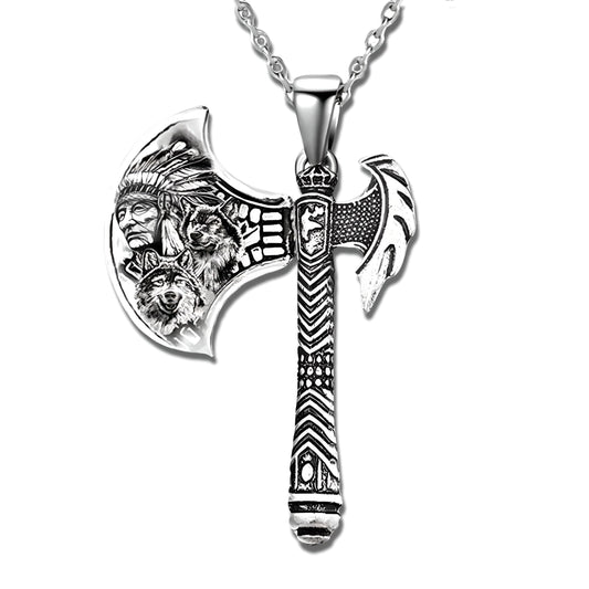 Indian Axe Pendant Necklace, Native American Wolf Design, Stainless Steel Chain