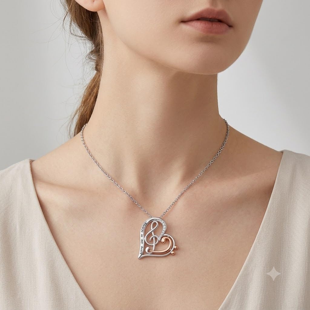 SUPAC Musical Note Heart Necklace, Stainless Steel and Rose Gold Two-Tone Treble Clef Design with Crystals - 'Always in my heart' Engraved