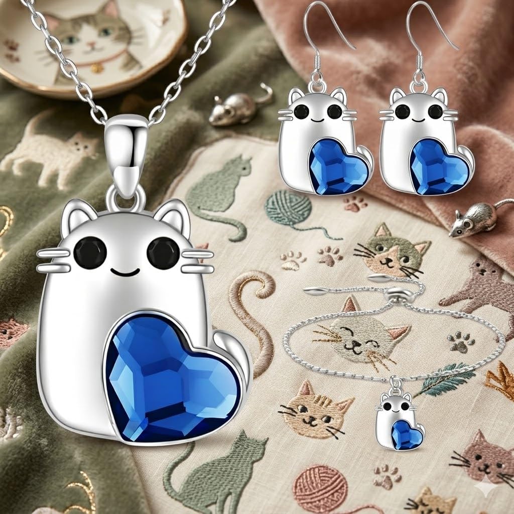 SUPAC Cute Cat Blue Crystal Heart Jewelry Set, Stainless Steel Necklace, Earrings and Bracelet, Hypoallergenic