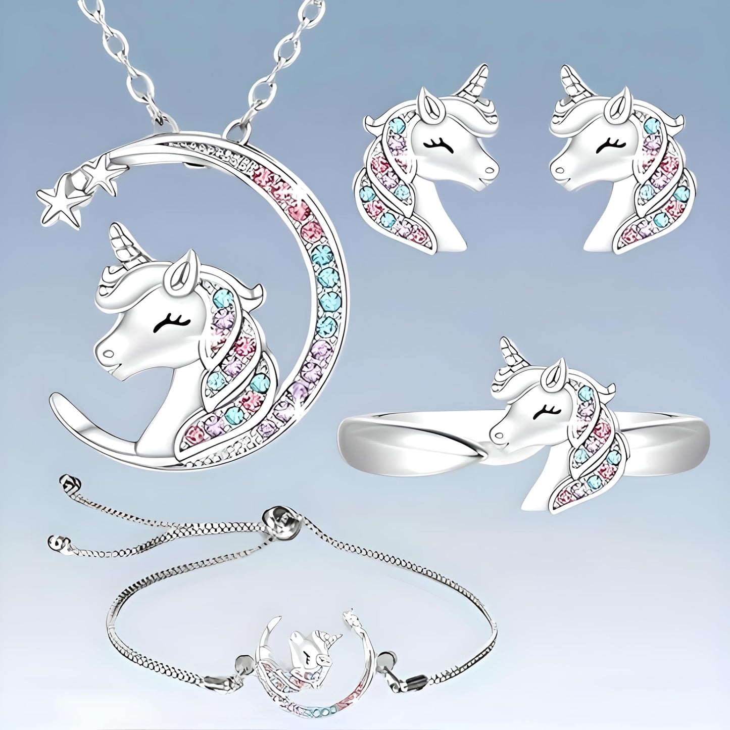 Unicorn Crystal Jewelry Set, Moon Necklace, Earrings, Ring and Bracelet, Silver - Unicorn Jewerly Gift