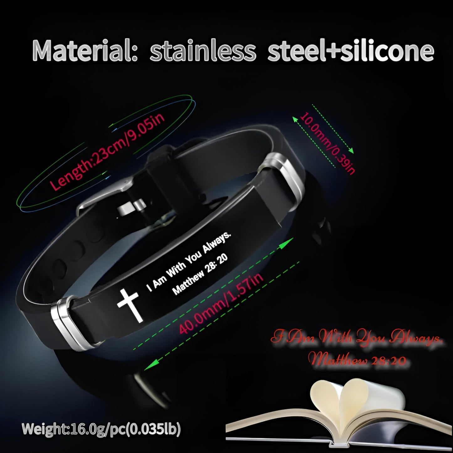 Christian Cross Bracelet with Proverbs 3:5, Phillipians 4:13, Matthew 19:26, Isaiah 41:10, Luke 1:37, Matthew 28:20 Scripture, Black Silicone Adjustable Watch Band, 9.05 inch Length