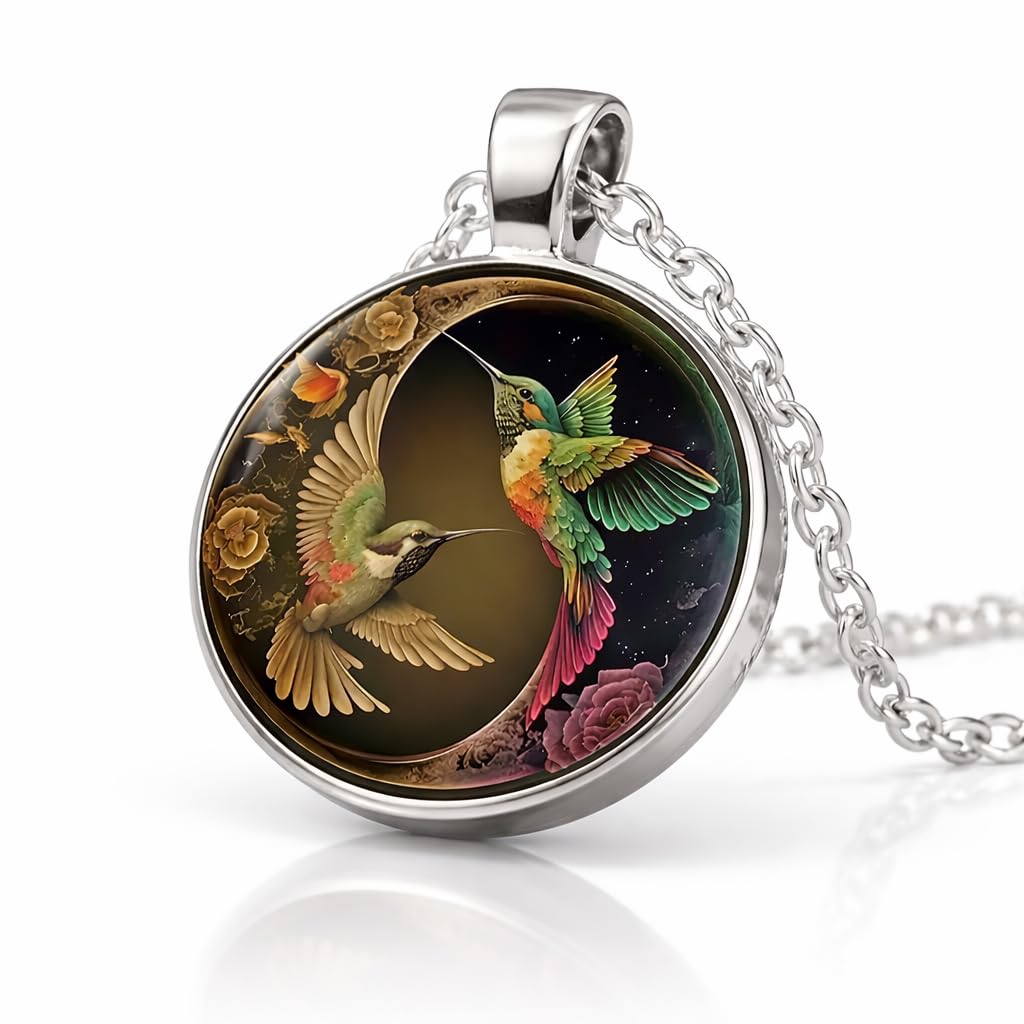 SUPAC Stunning Hummingbird Pendant Necklace - Two Humming Birds Searching for Flower - Fashionable Alloy Jewelry with Delicate Details - Birthday, Party, Gift Idea for Her