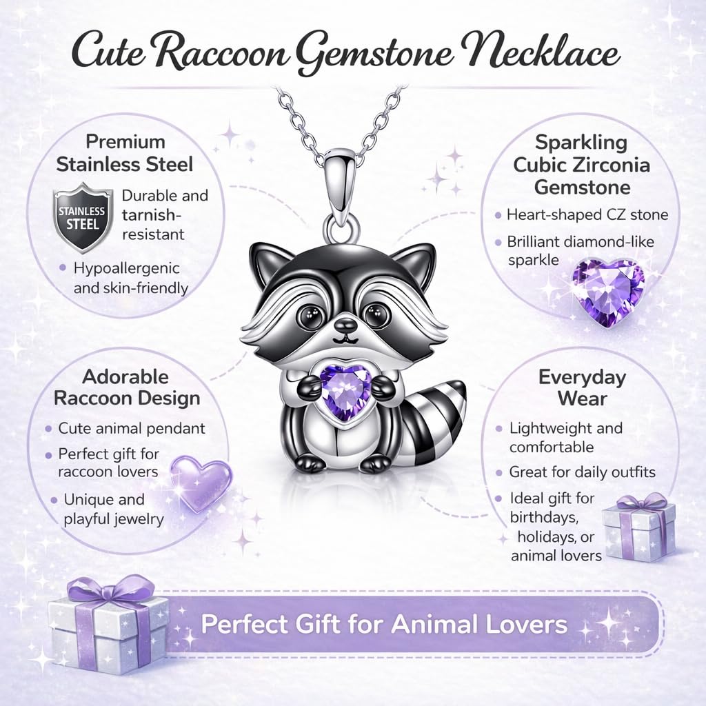 SUPAC Smiling Raccoon Necklace, Holding a Blue Heart, Silver and Black - Racoon Jewerly Gift