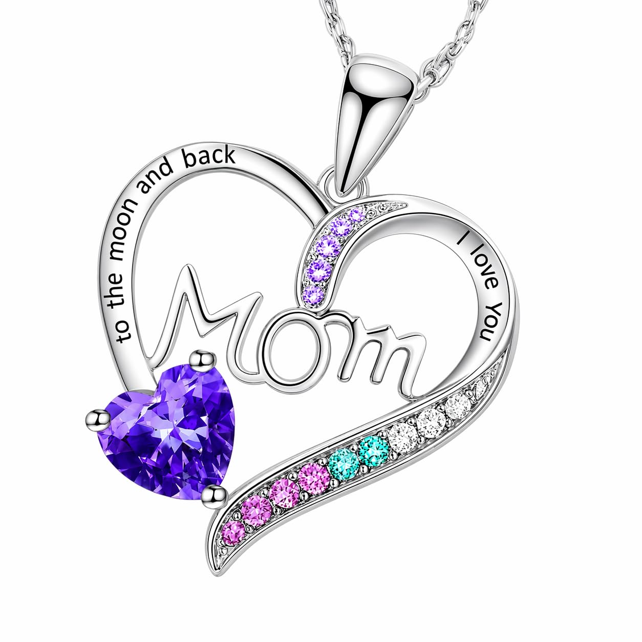 SUPAC Heart Mom Necklace, Sterling Silver Crystal Pendant with Pink Heart Stone, I Love You to the Moon and Back - Mother's Day Gift