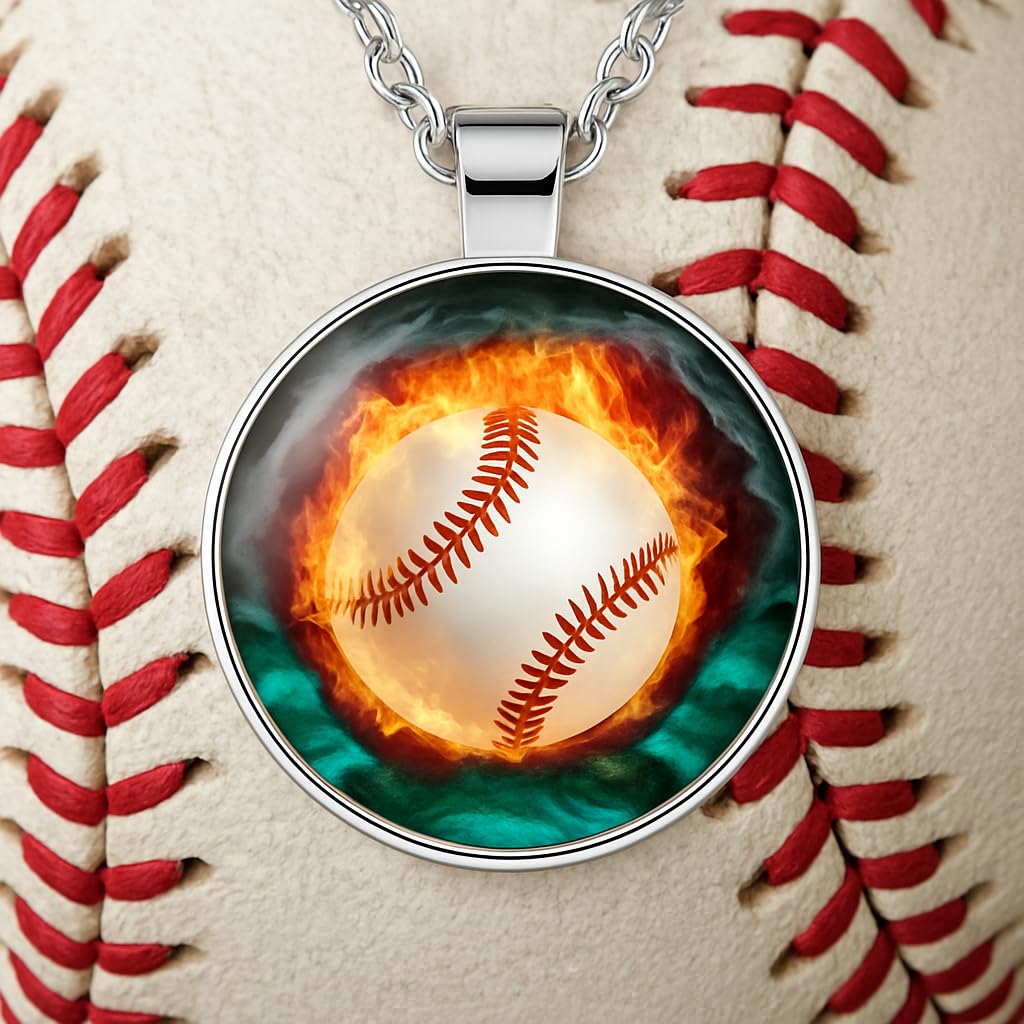 SUPAC Sports Pendant Necklace with Flaming Soccer Ball and Baseball Design, 21.65 inch Chain with 1.97 inch Extension, Black (Baseball)