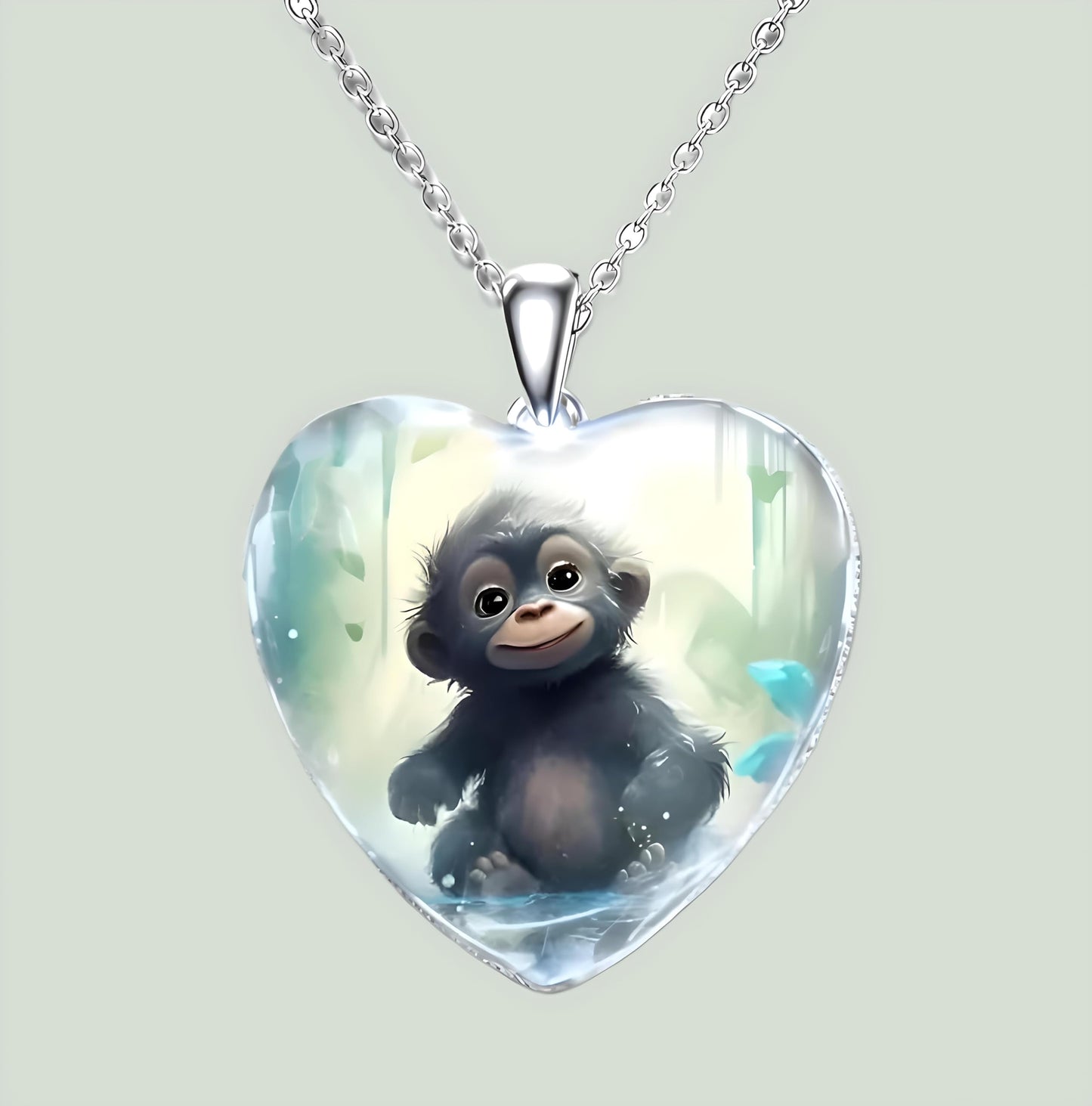 Heart-Shaped Pendant Necklace with Different Animals - Panda, Horse, Deer, Cat, Elephant, Dog Scenic Views, Stainless Steel Necklace with Glass Pendant - Christmas, Holiday, or Birthday Gift