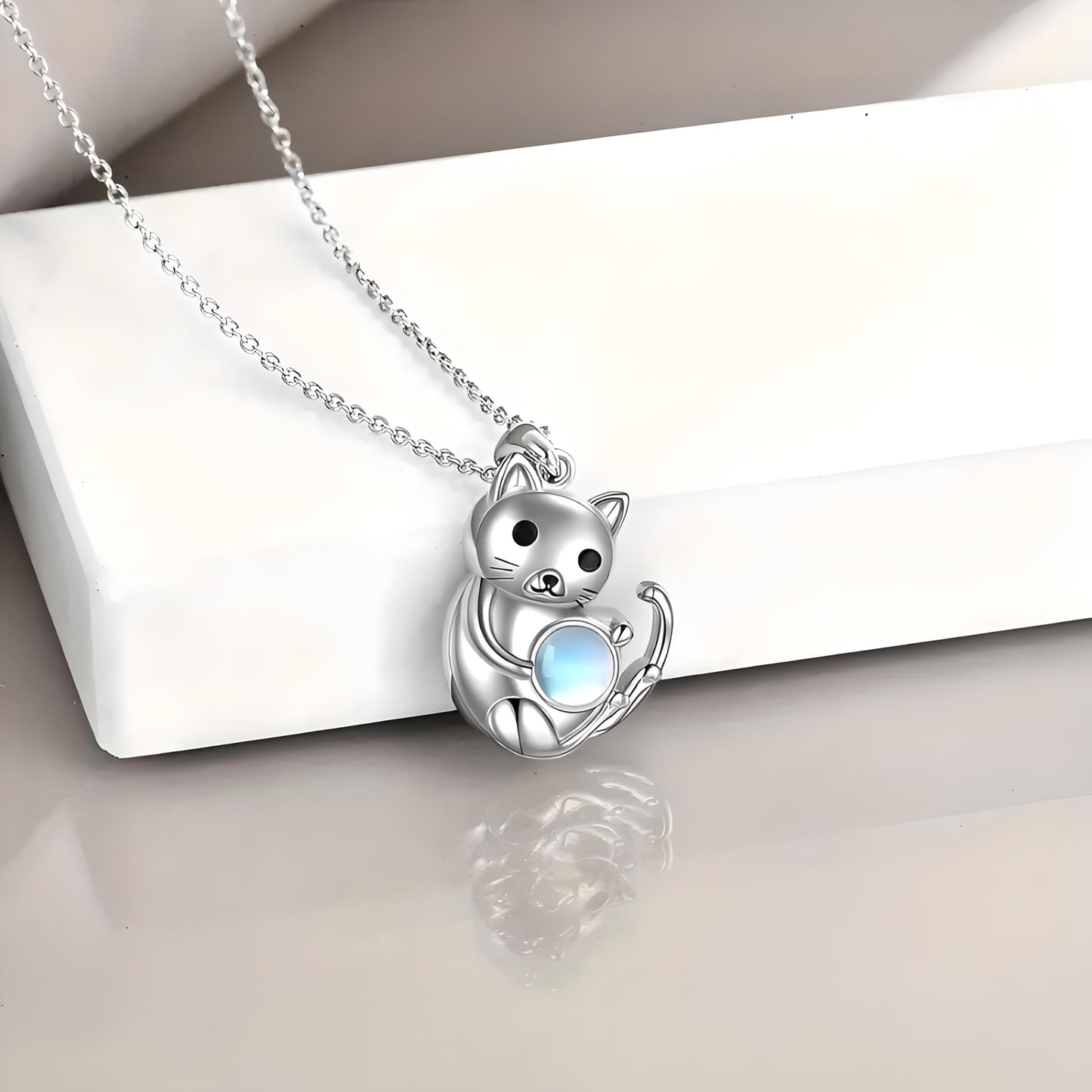 Winking Cat Pendant Necklace Playing With Blue Ball, Sterling Silver Chain, Moonstone Ball Charm - Animal Lovers' Gift (Sitting Cat)