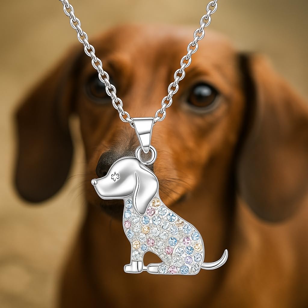 Sparkling Dog Pendant Necklace, Silver Chain, Multicolor Rhinestone Design - Birthday or Party Gift