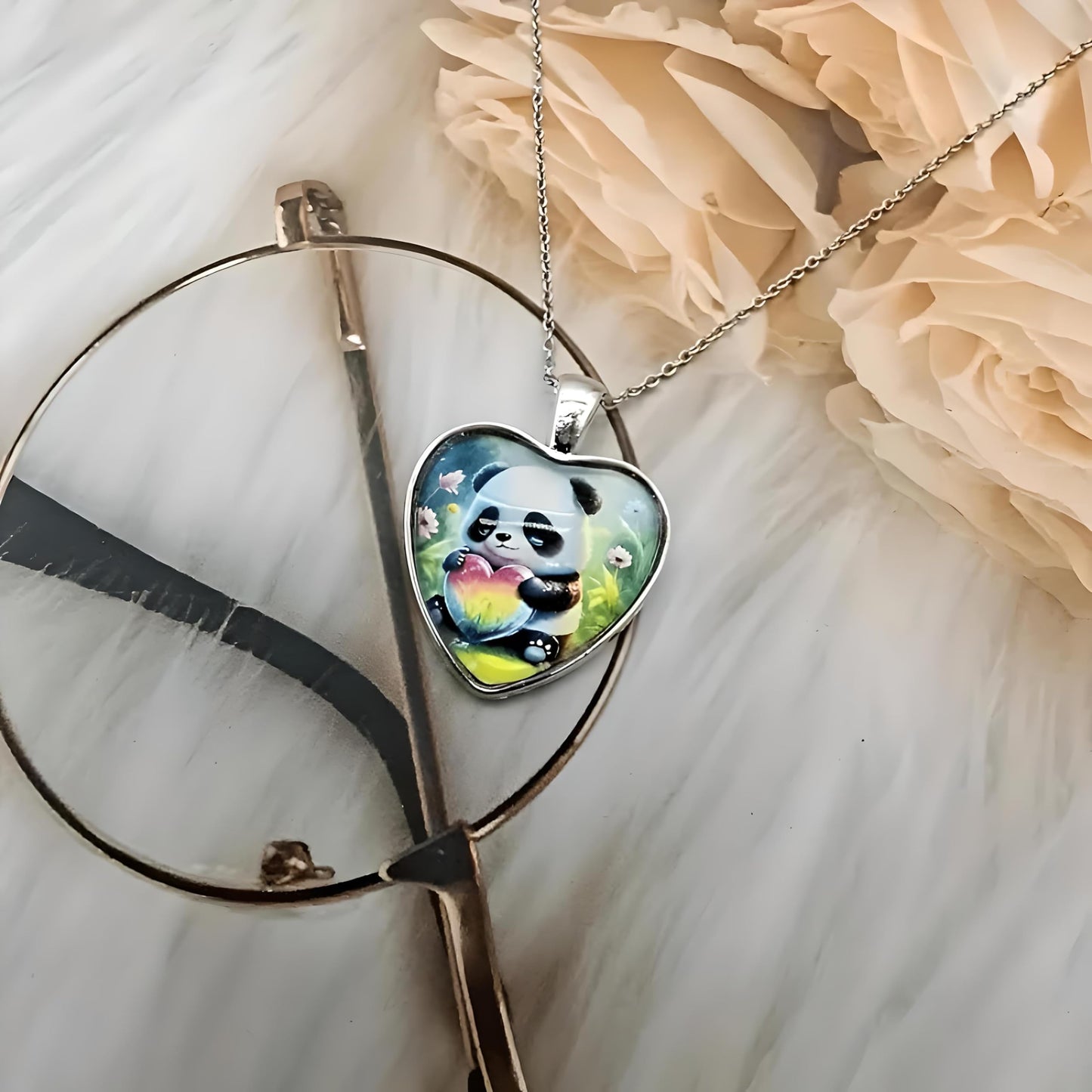 Cute Panda Holding Fireflies in Heart-Shaped Pendant Necklace, Stainless Steel Necklace with Glass Pendant, (Green and Blue Options) 'I Love you Today, Tomorrow, Always' Engraved - Christmas, Holiday, or Birthday Gift (Green)