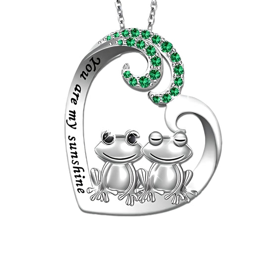 Cute Frog Couple Heart Pendant Necklace, Sterling Silver Chain 19.7 inch, Crystal Accent - Engraved 'You are my sunshine'