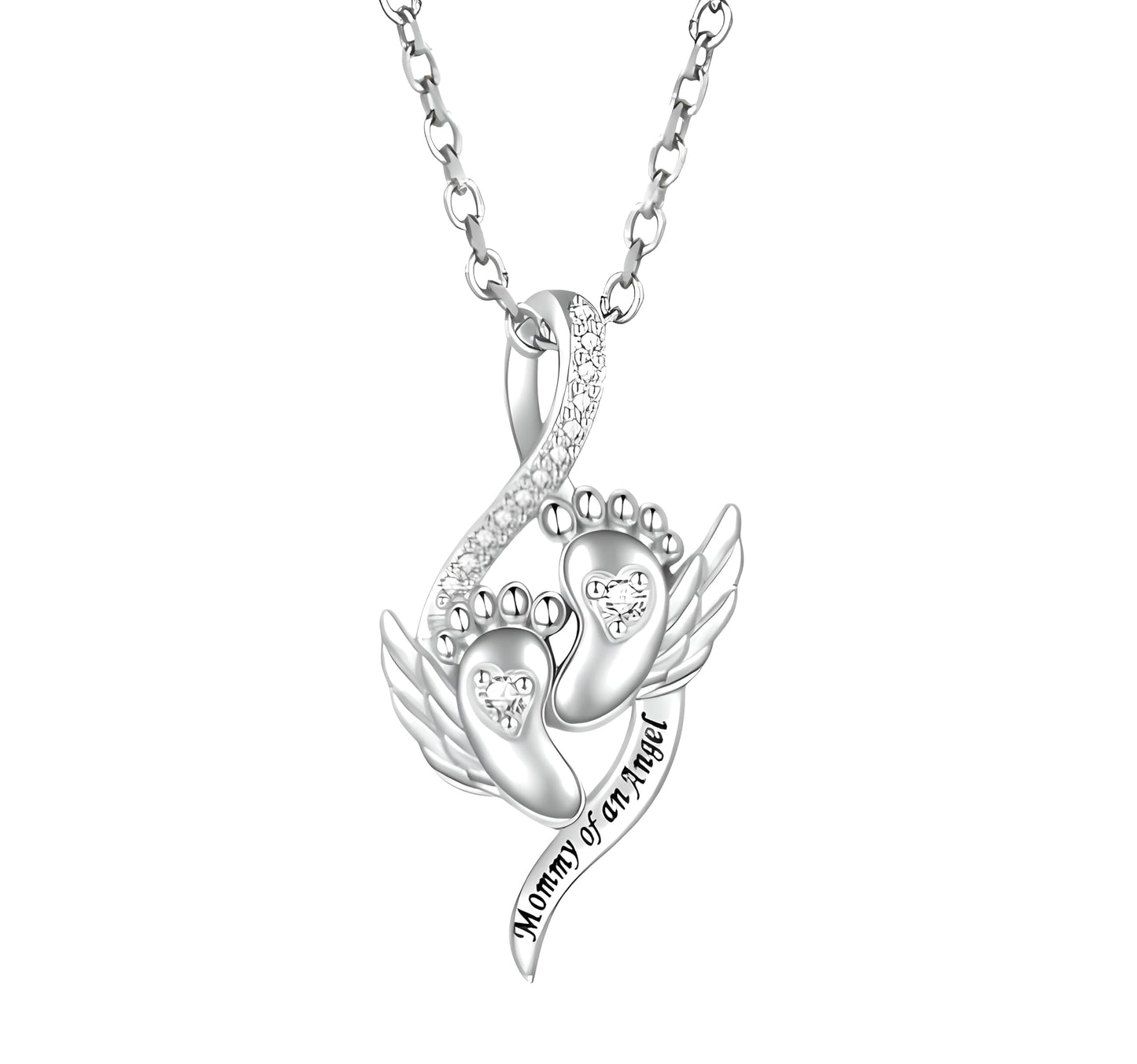 Angel Footprints, Memorial Gift for Mothers - Pendant Necklace with Acrylic Stones, Alloy Fashion Jewelry, White K Plated Chain, Gift for Family and New Moms- 'Mommy of an Angel'