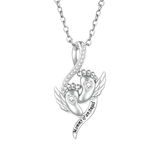 Angel Footprints, Memorial Gift for Mothers - Pendant Necklace with Acrylic Stones, Alloy Fashion Jewelry, White K Plated Chain, Gift for Family and New Moms- 'Mommy of an Angel'