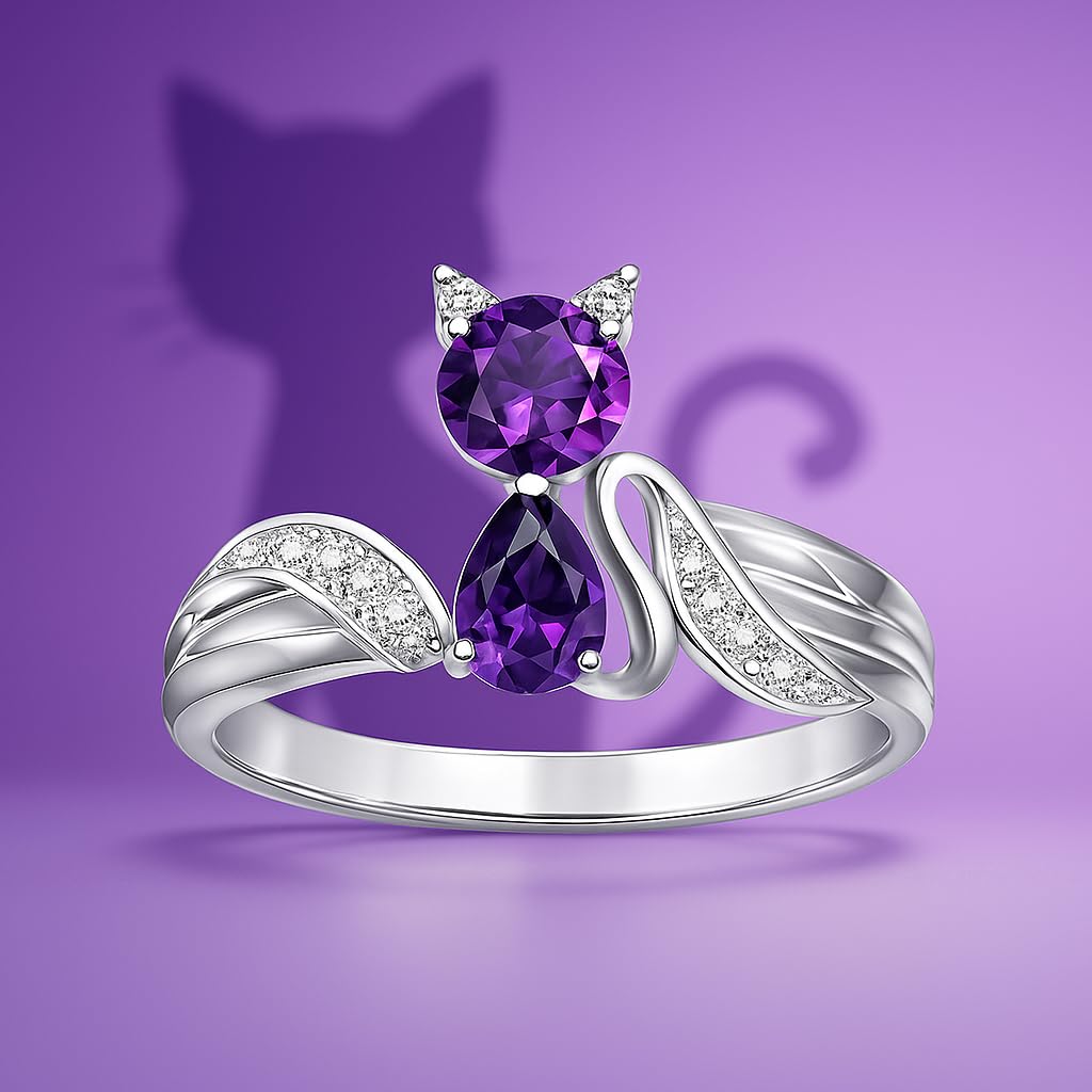 Stainless Steel Purple Crystal Cat Ring with Cubic Zirconia Accents - Glass Ring, Gift for Cat Lovers'