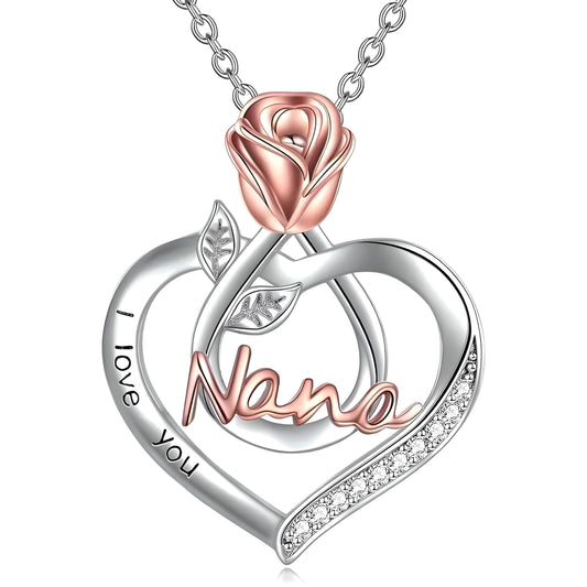 Rose Gold and Silver Heart Nana Pendant Necklace with Crystals
