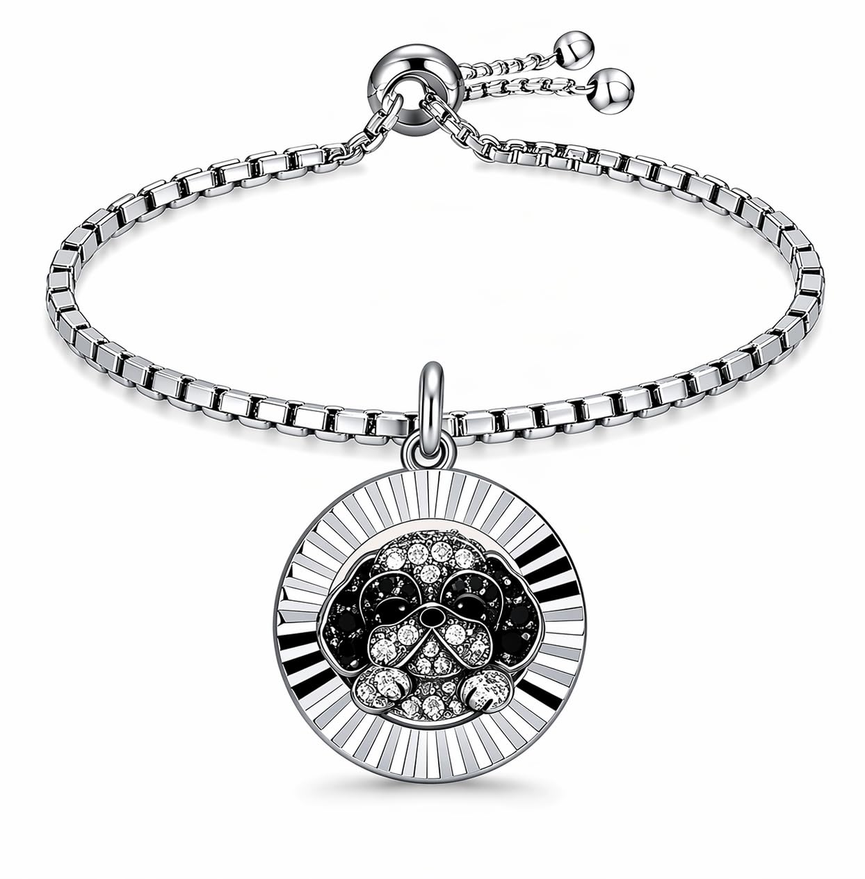 SUPAC Shih Tzu Charm Bracelet, Stainless Steel with Silver Plating, Adjustable Box Chain, Round Dog Pendant with Black & Clear Stones