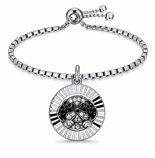 SUPAC Shih Tzu Charm Bracelet, Stainless Steel with Silver Plating, Adjustable Box Chain, Round Dog Pendant with Black & Clear Stones