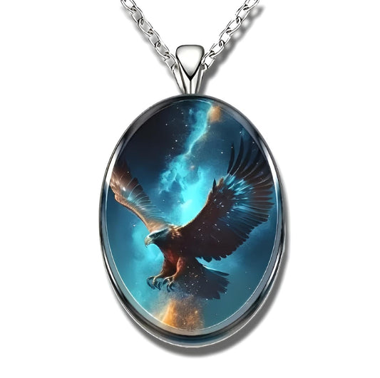 Galaxy Eagle Pendant Necklace, Oval Shaped with Night Sky/Solar System Design - Christmas, Holiday, or Birthday Gift