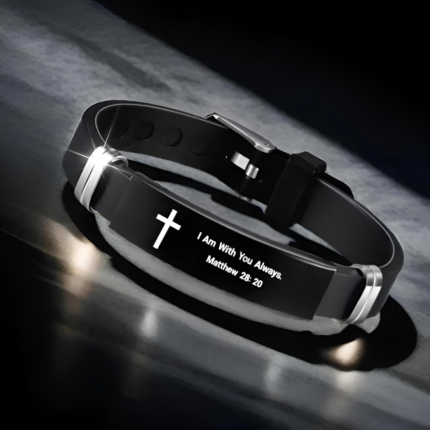 Christian Cross Bracelet with Proverbs 3:5, Phillipians 4:13, Matthew 19:26, Isaiah 41:10, Luke 1:37, Matthew 28:20 Scripture, Black Silicone Adjustable Watch Band, 9.05 inch Length