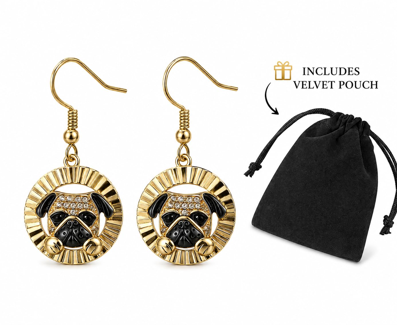 Pug Dangle Earrings, Gold-Tone Round Drop Earrings with Crystal Accents, Dog Lover Jewelry - Stainless Steel with Cubic Zirconia