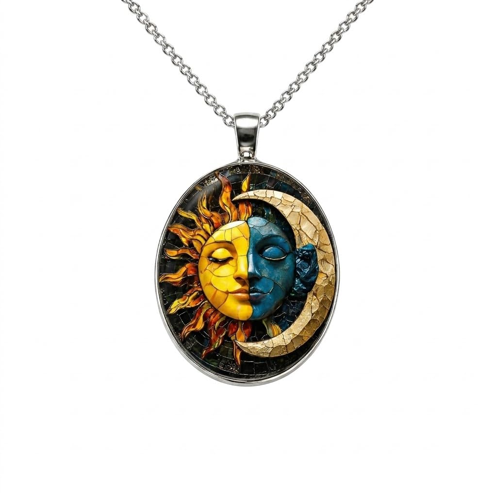 1pc Stunning Round Pendant Necklace - Unique Sun & Moon Pattern, Oil Painting Style Glass Mosaic, Alloy Construction, Trendy Sweater Chain, Fashionable Gift for Women - Christmas or Birthday Gift