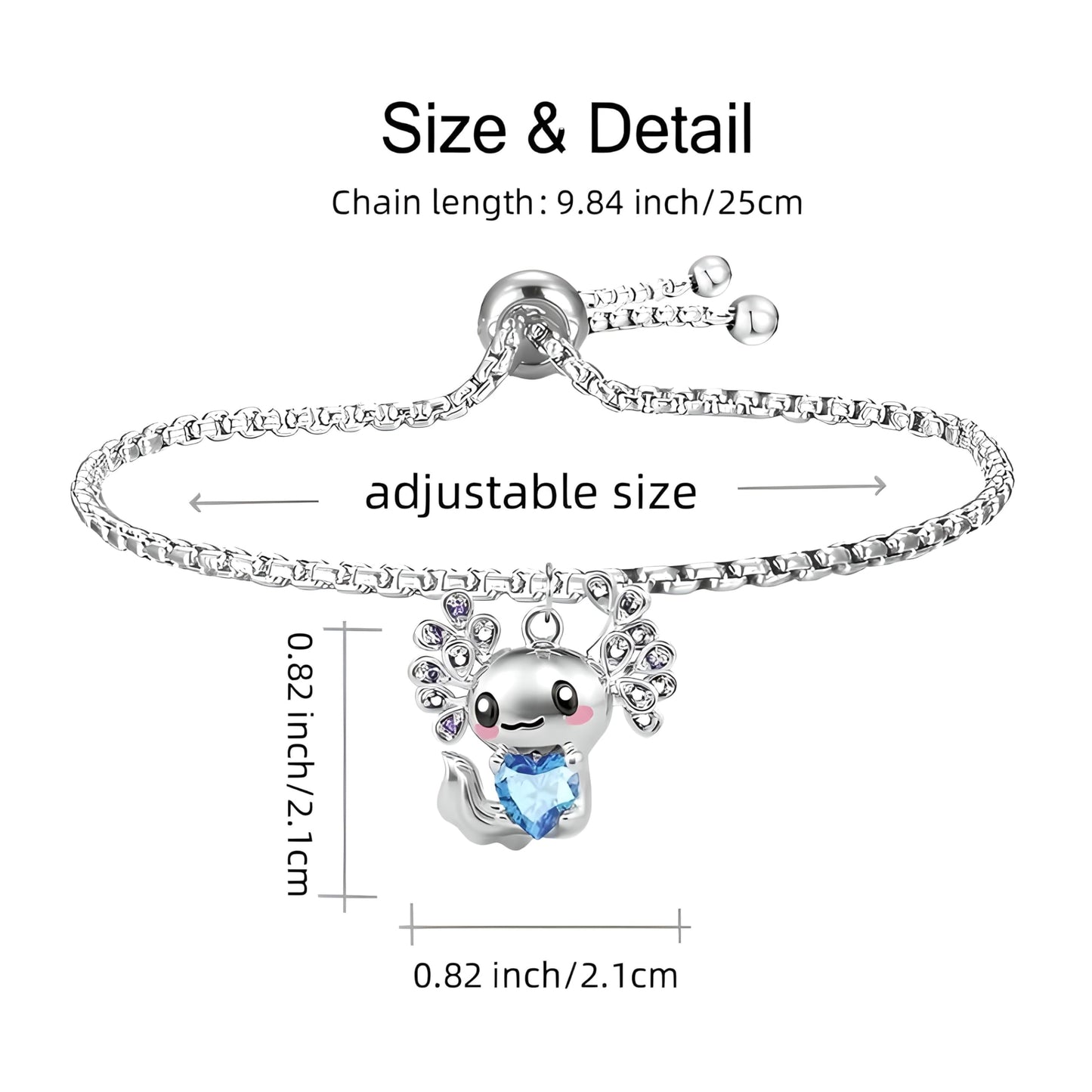 Cute Salamander Jewelry Set with Blue Crystal Heart, Silver Necklace, Earrings, Bracelet and Keychain