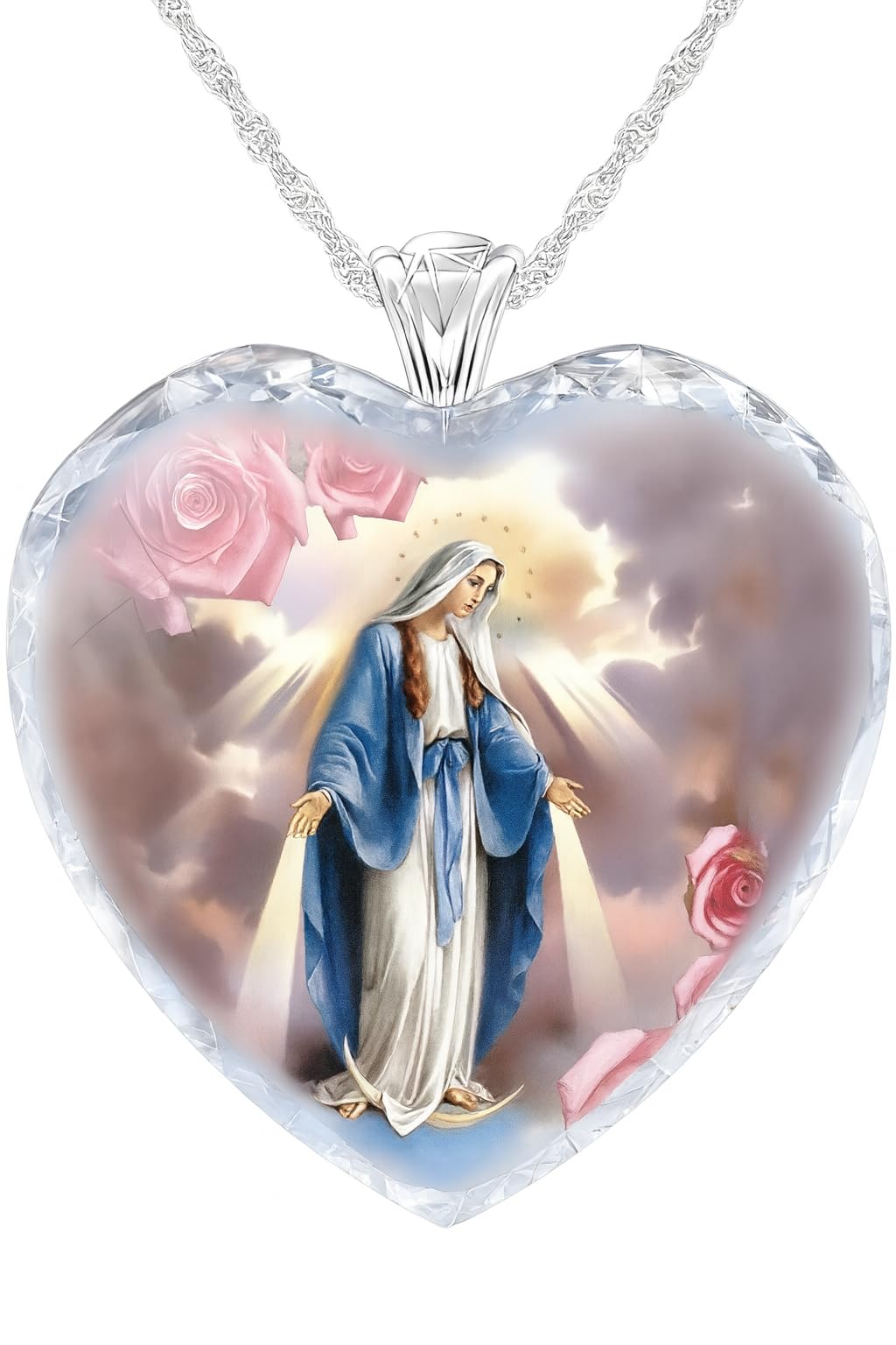 Glass Mother Mary Image with Heart Pendant Necklace, Stainless Steel Chain - Holiday, Christmas, or Birthday Gift