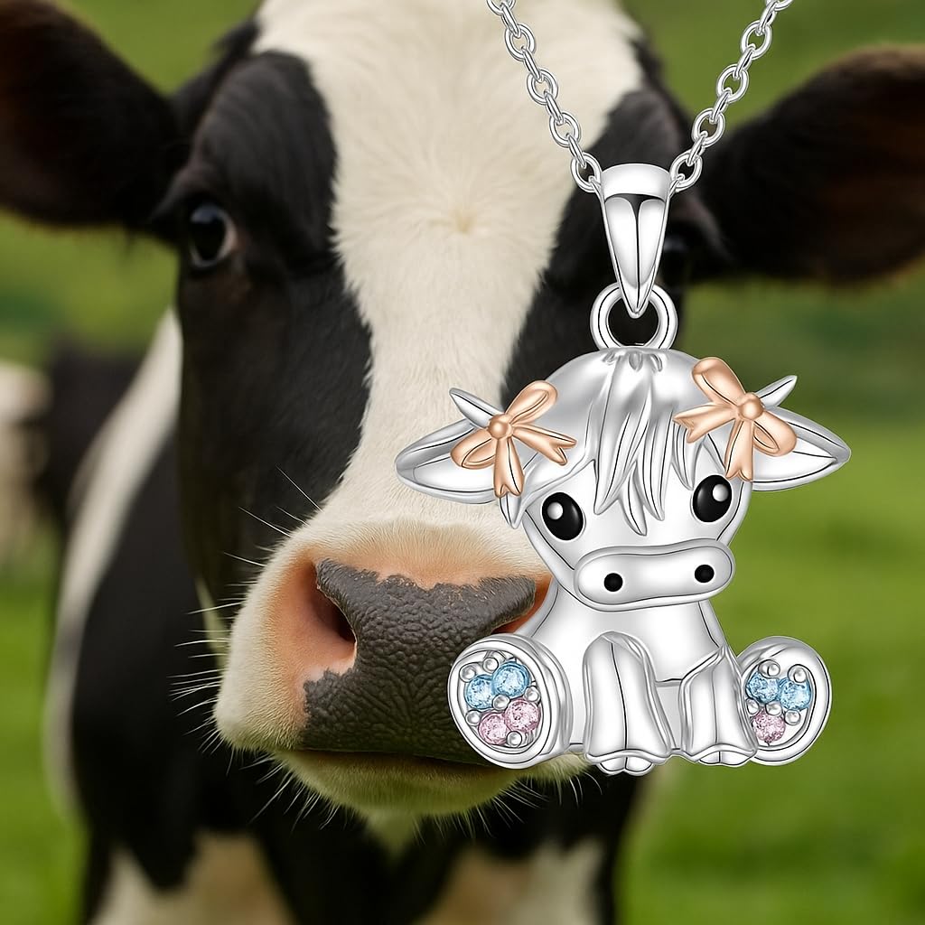 SUPAC Stainless Steel Cow Pendant Necklace, Crystal Accents, Rose Gold Bows, 17.6 inch Chain