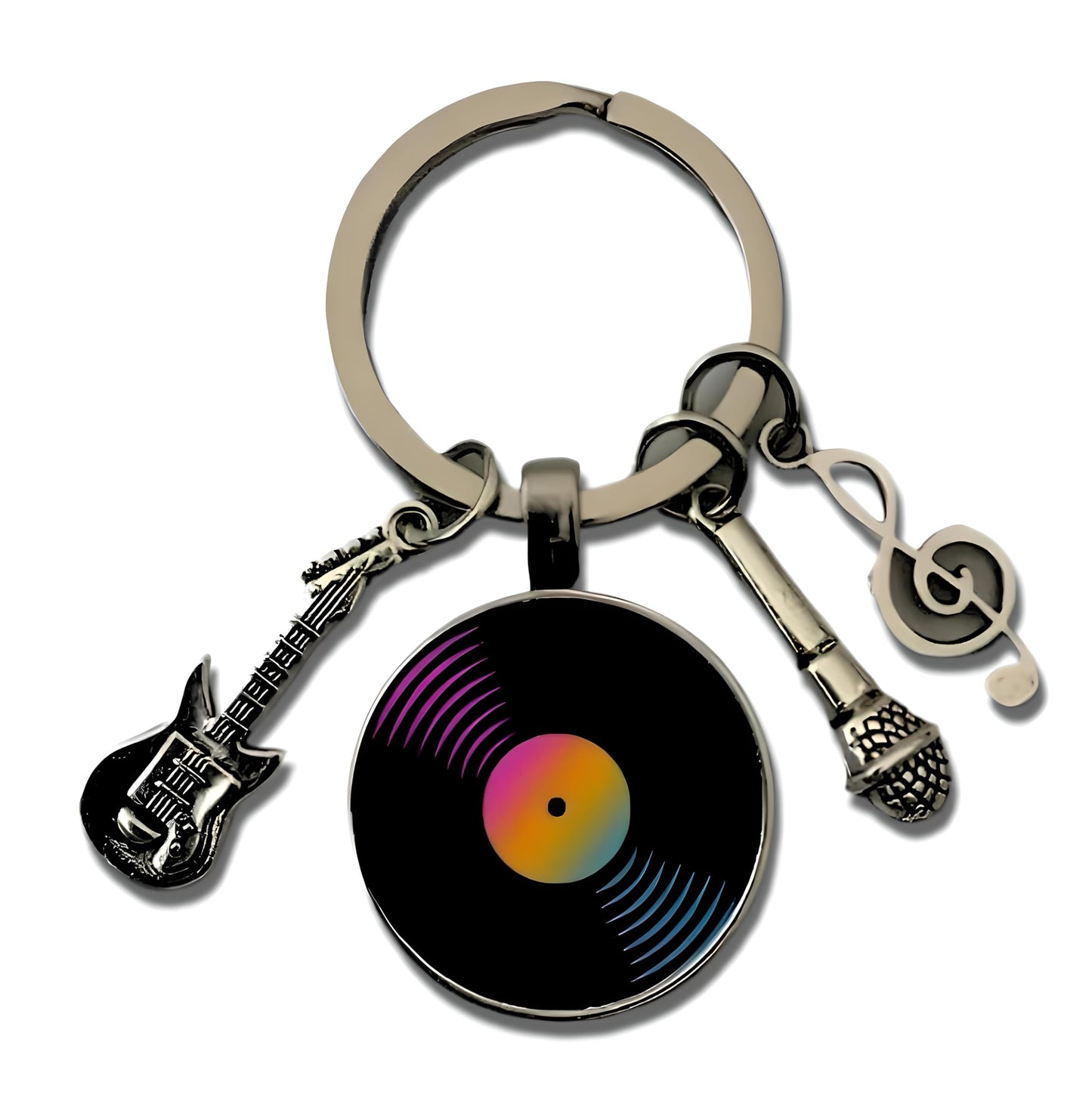 SUPAC Music Lover Keychain with Vinyl Record, Guitar, Microphone and Musical Note Charms, Music Gifts, 5 Color Options