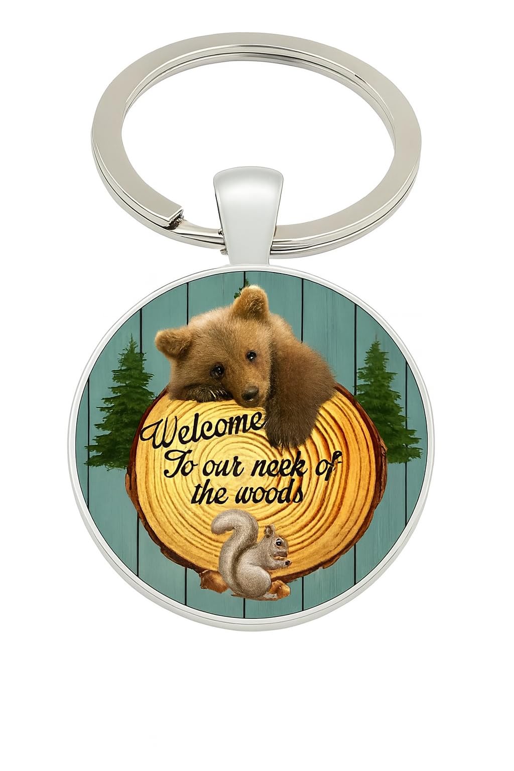 SUPAC 1pc Unique Bear With Forest Background Shaped Metal Keychain - Fashionable Circular Animal Keyring for Men and Friends