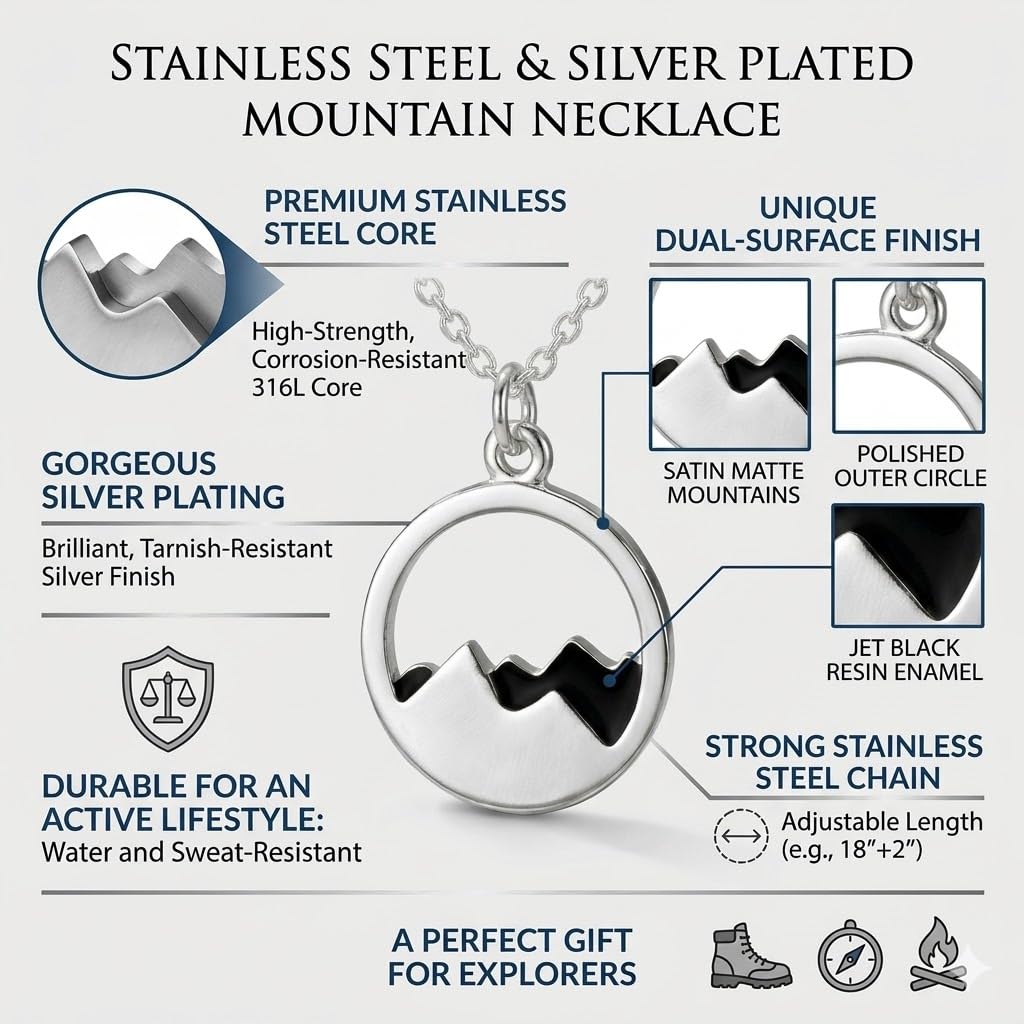 SUPAC Mountain Scene Pendant Stainless Steel Necklace, Silver Plated Chain, Nature Landscape Design, Circle Pendant (Black Mountain)