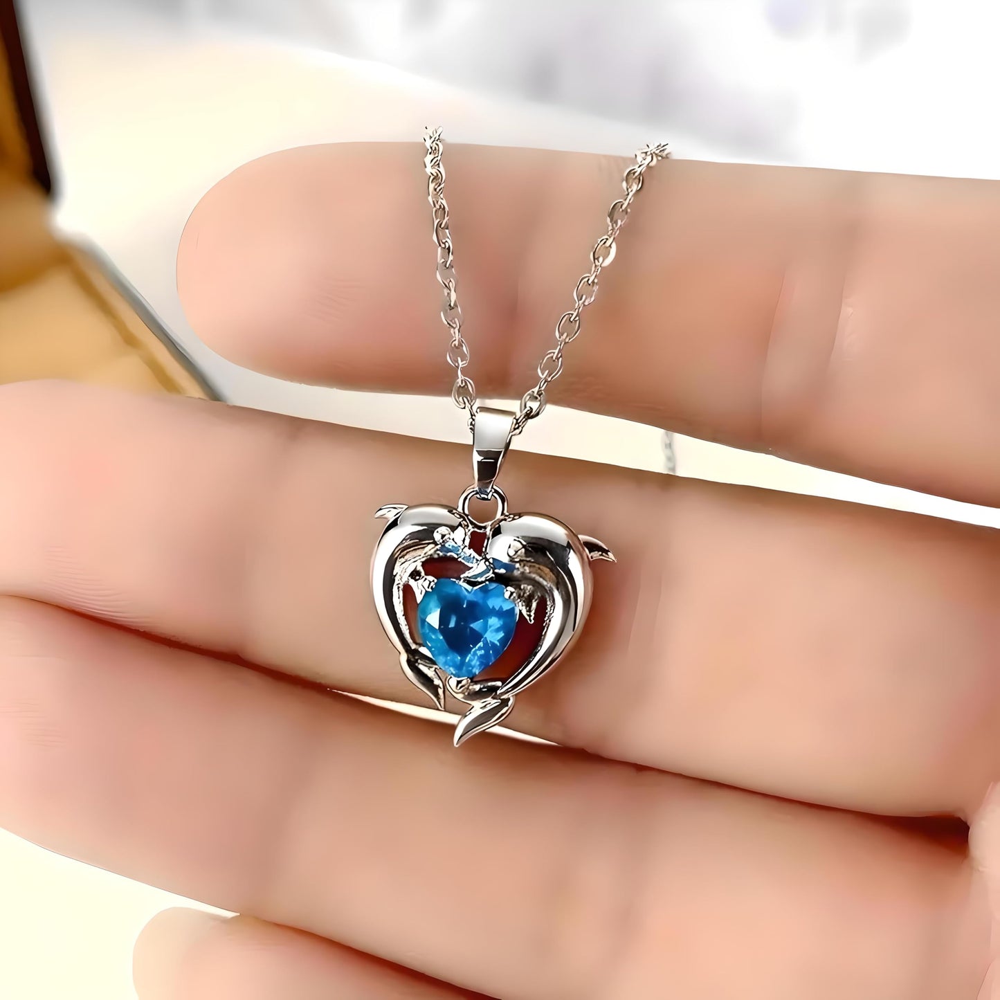 Sterling Silver Double Dolphin Pendant Necklace with Blue Crystal Hearts, Ocean Theme Jewelry