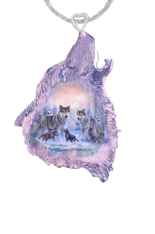 SUPAC Wolf Howling Galaxy, Solar System, Snow Field, Pendant Necklace, Stainless Steel Chain - Christmas, Birthday, or Party Gift (Wolf Flower)
