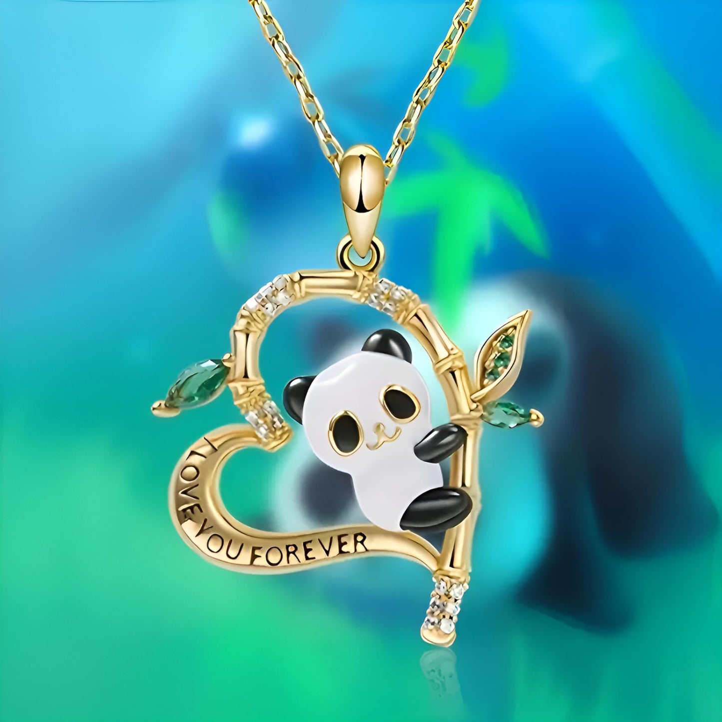 SUPAC Love You Forever Gold Panda Heart Necklace, 19.68 Inch Chain, Crystal Bamboo Leaves Design with Green Gemstones, Romantic Gift Jewelry