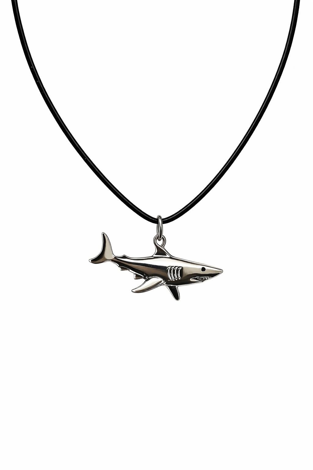 SUPAC Silver Shark Pendant Necklace, Black Cord, 17.7 inch Chain with 1.9 inch Extender