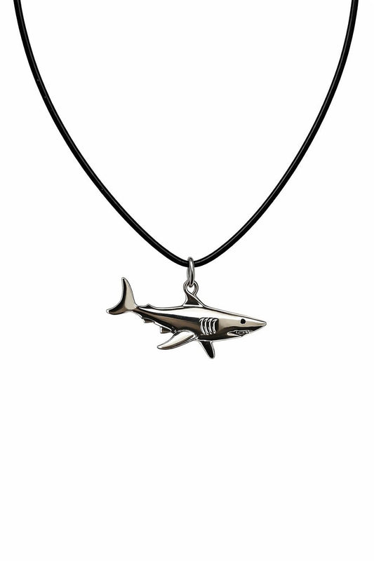SUPAC Silver Shark Pendant Necklace, Black Cord, 17.7 inch Chain with 1.9 inch Extender