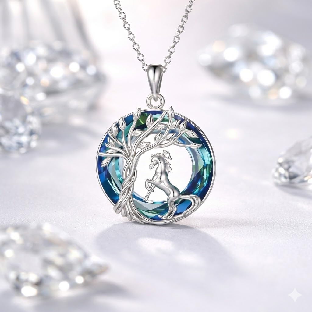 SUPAC Tree of Life Swing, Sloth, Horse + Other Styles Pendant Necklace, Silver Chain, Crystal Rainbow Background - Gift for Friends (Horse)