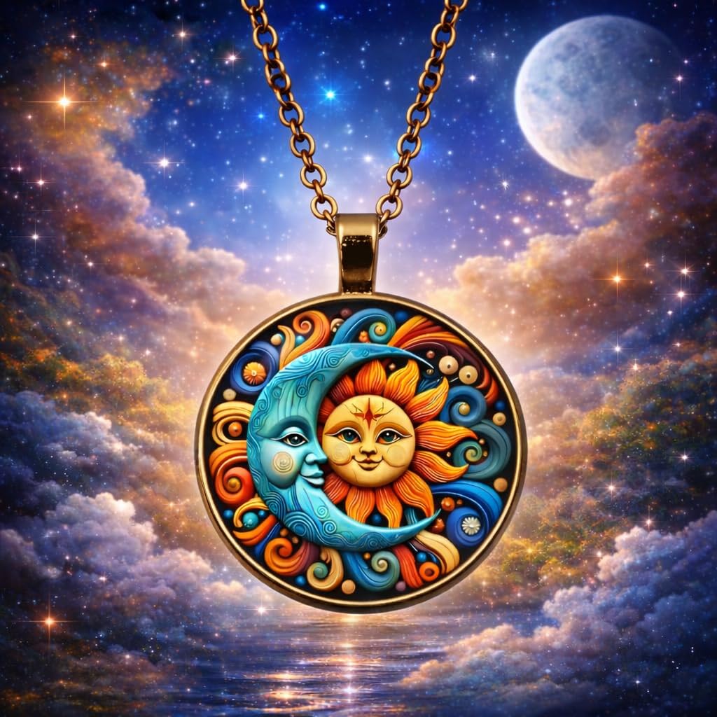 1pc Stunning Round Pendant Necklace - Unique Sun & Moon Pattern, Oil Painting Style Glass Mosaic, Alloy Construction, Trendy Sweater Chain, Fashionable Gift for Women - Christmas or Birthday Gift