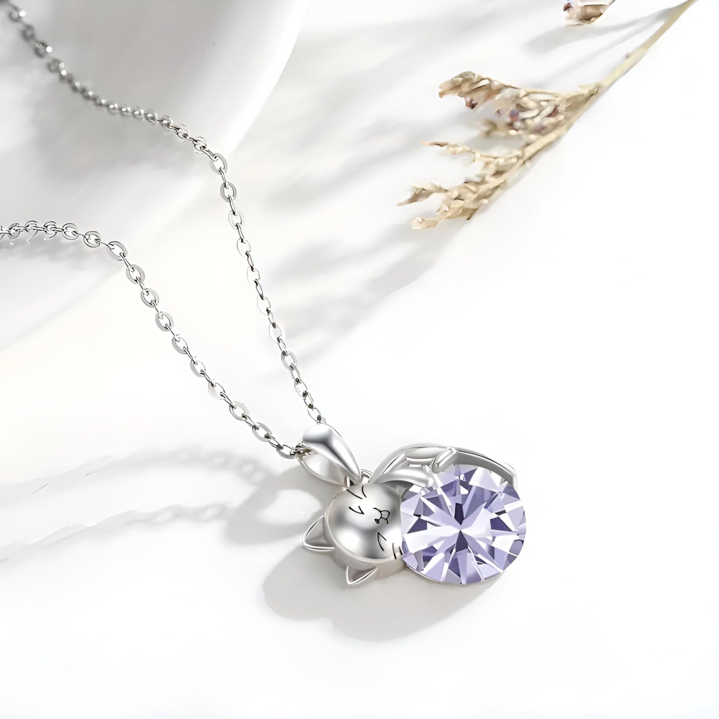 Crystal Cat Pendant Necklace, Silver Chain with Sleeping Cat Design, 17.7 inch Length